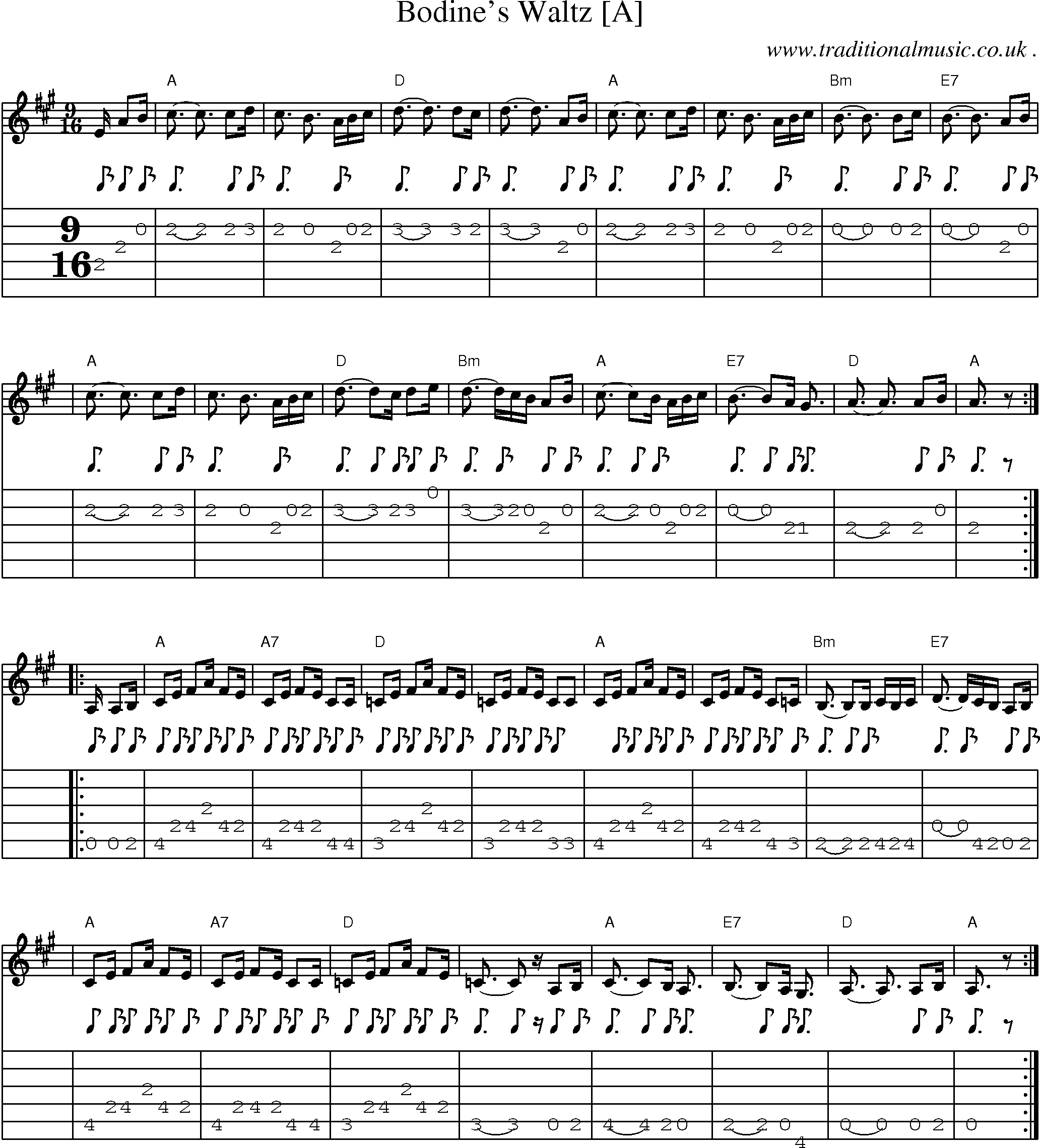 Music Score and Guitar Tabs for Bodines Waltz [a]